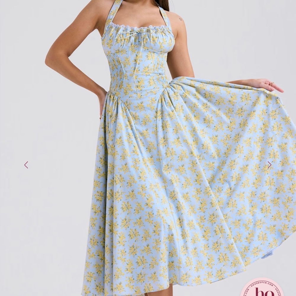 70% Off Brand New House of CB ADABELLA Soft Blue Vintage Floral Conton Dress